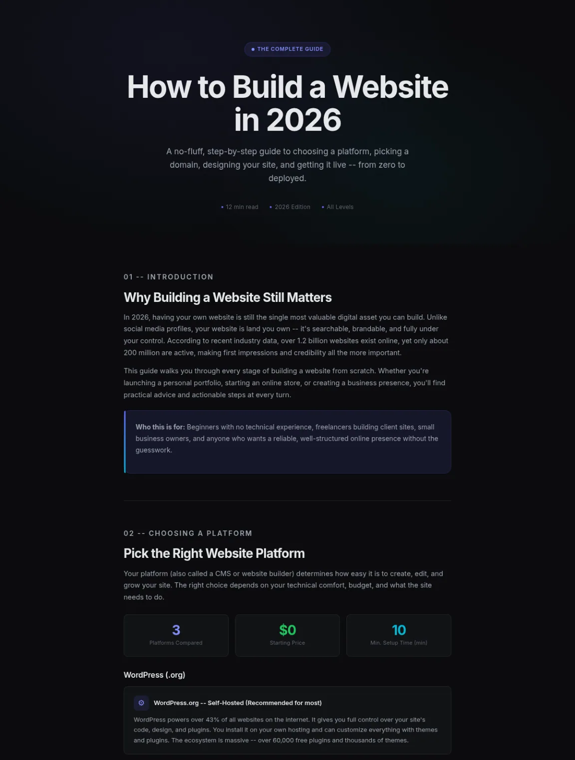 Preview of the first section of the Building A Website guide